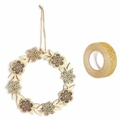 De gros 😉 AUCUNE Silhouette à Suspendre Décor à Suspendre Bois Couronne De Fleurs 22 X 22 Cm + Masking Tape Doré à Paillettes 5 M 😉