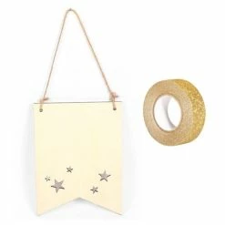 Coupon ✔️ AUCUNE Silhouette à Suspendre Fanion Bois à Suspendre 20 X 15 Cm Etoiles + Masking Tape Doré à Paillettes 5 M 🎁