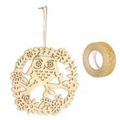 Nouveau 🛒 AUCUNE Silhouette à Suspendre Décor à Suspendre Bois Hibou 22 X 22 Cm + Masking Tape Doré à Paillettes 5 M 🔥